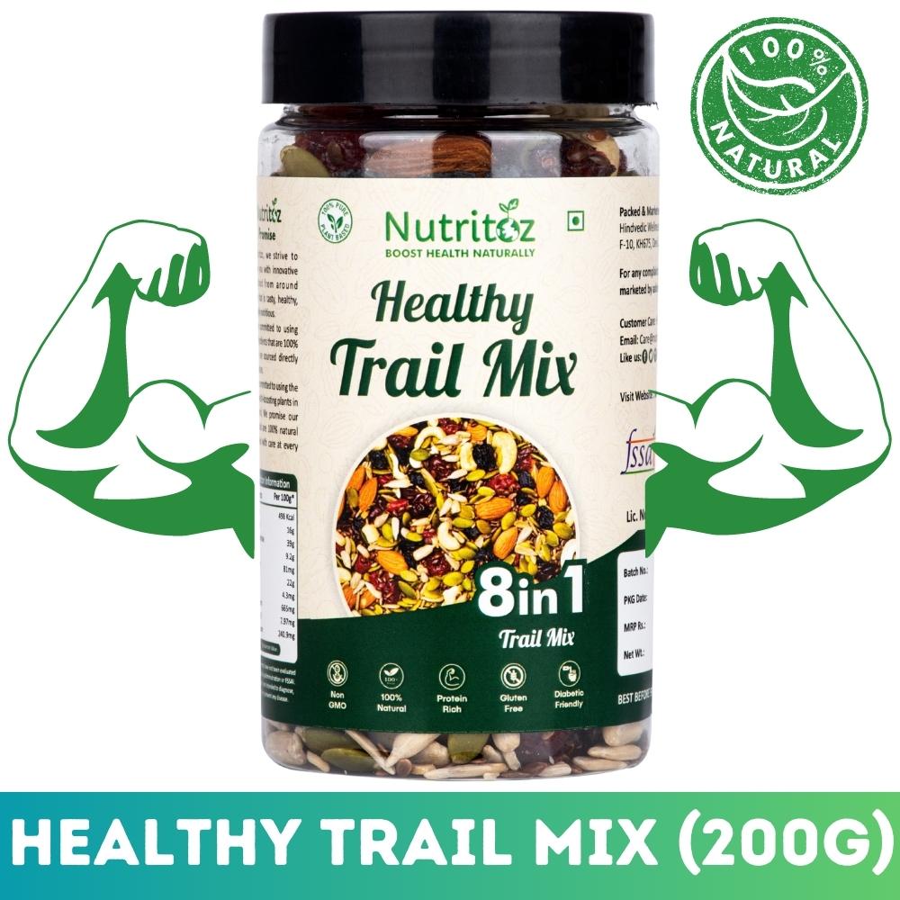 Nutritoz Premium 8 in 1 Healthy Trail Mix with Nuts, Seeds & Berries Packed with Nutrient-Rich Snack Blend with Protein, Fiber, Omega-3, Calcium, Iron and Antioxidants for Weight Management & Active Lifestyle.