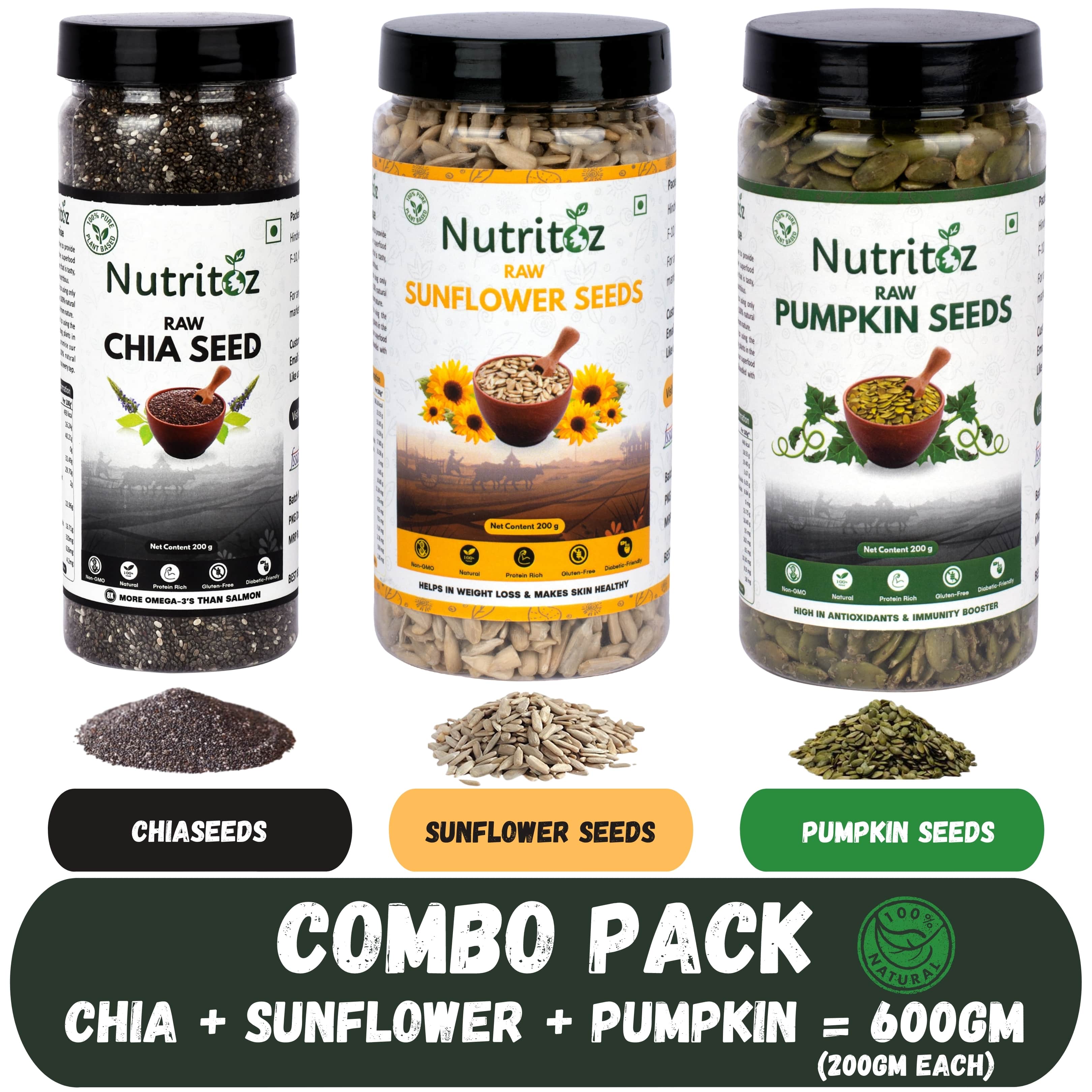Nutritoz Raw Chia Seeds, Pumpkin Seeds, Sunflower Seeds Combo