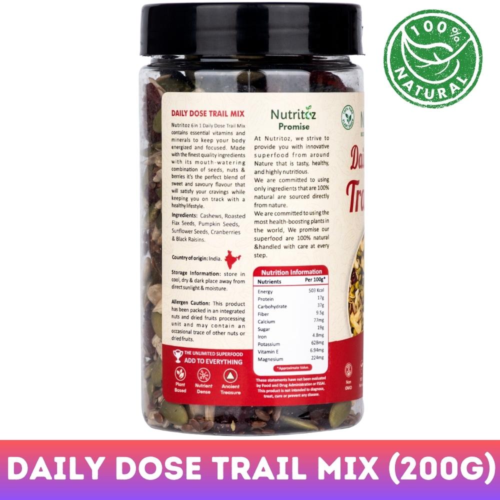 Nutritoz Premium 6 in 1 Daily Dose Trail Mix with Cashews, Sunflower, Pumpkin, Flax Seeds, Cranberries & Black Raisins with Protein, Fiber, Omega-3 for Energy, Healthy Lifestyle & Weight Management