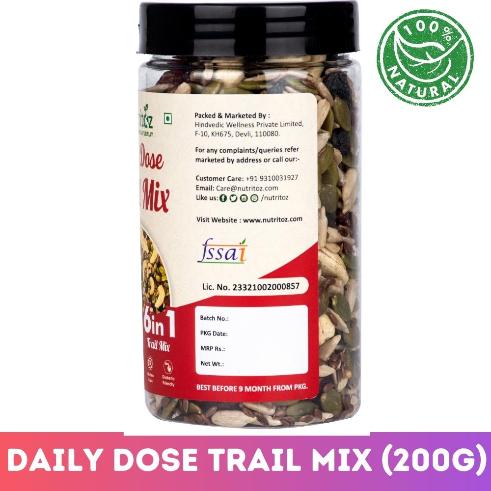 Nutritoz Premium 6 in 1 Daily Dose Trail Mix with Cashews, Sunflower, Pumpkin, Flax Seeds, Cranberries & Black Raisins with Protein, Fiber, Omega-3 for Energy, Healthy Lifestyle & Weight Management