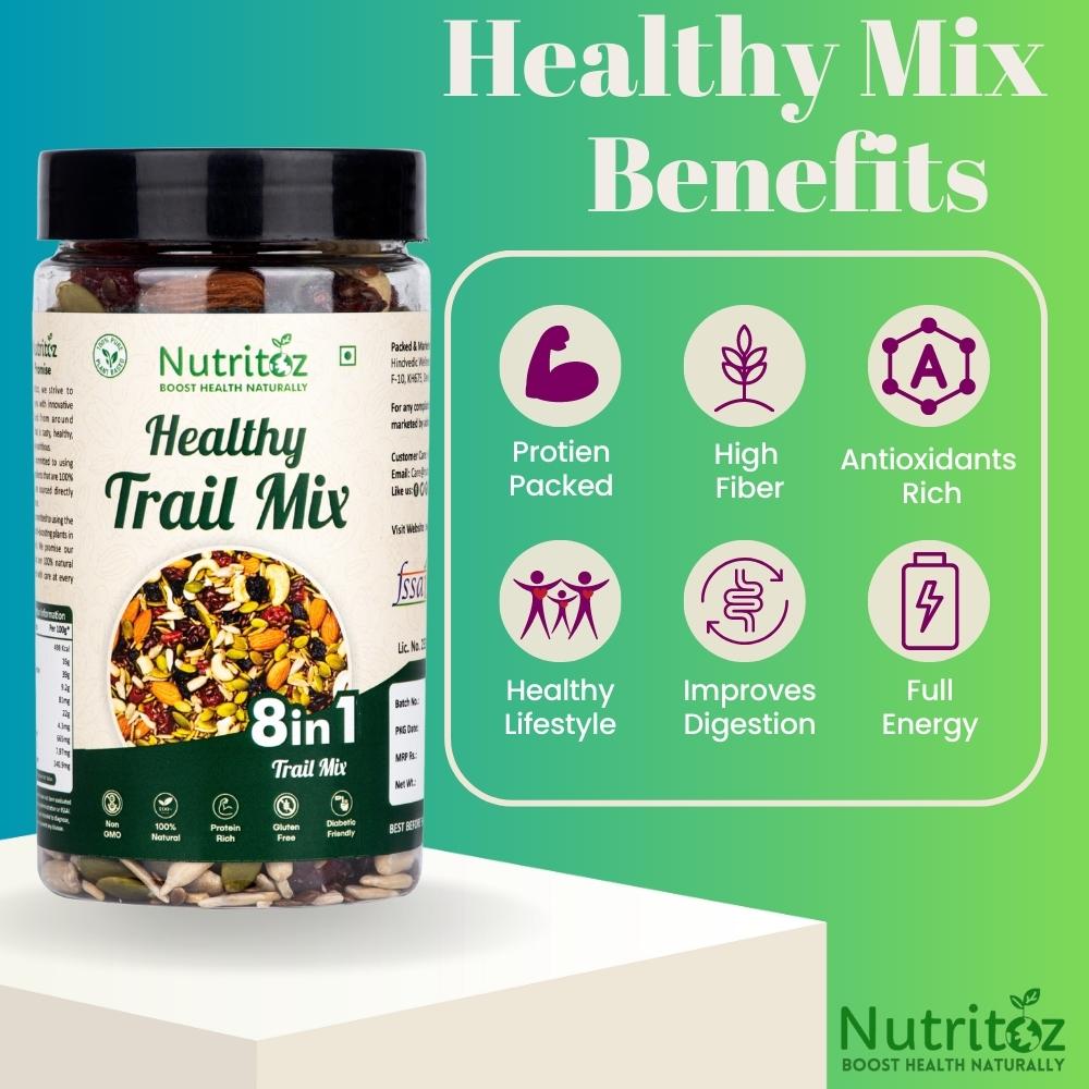 Nutritoz Premium 8 in 1 Healthy Trail Mix with Nuts, Seeds & Berries Packed with Nutrient-Rich Snack Blend with Protein, Fiber, Omega-3, Calcium, Iron and Antioxidants for Weight Management & Active Lifestyle.