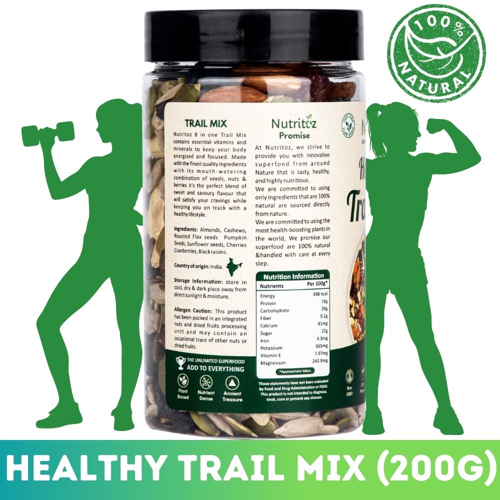 Nutritoz Premium 8 in 1 Healthy Trail Mix with Nuts, Seeds & Berries Packed with Nutrient-Rich Snack Blend with Protein, Fiber, Omega-3, Calcium, Iron and Antioxidants for Weight Management & Active Lifestyle.