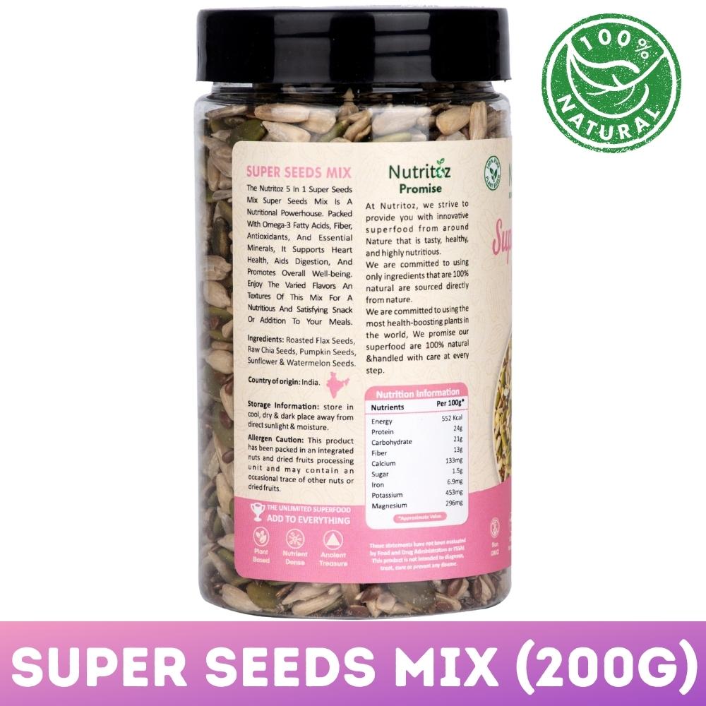 Nutritoz Premium 5 in 1 Super Seeds Mix Packed with Chia, Flax, Pumpkin, Sunflower & Watermelon Seeds| Nutrient Rich Protein, Fiber, Omega-3, Calcium, Iron and Antioxidants for Weightloss & Active Lifestyle.