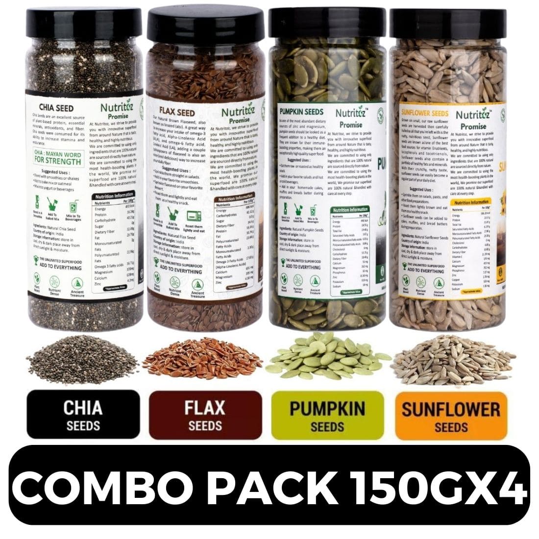 Nutritoz Raw Chia Seeds, Flax Seeds, Pumpkin Seeds, Sunflower Seeds Combo Loaded with Omega-3, Zinc, Fiber, Calcium, Protein for weight loss, Healthy Heart (600 g, 150G X 4)