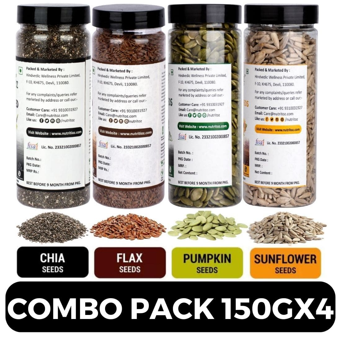 Nutritoz Raw Chia Seeds, Flax Seeds, Pumpkin Seeds, Sunflower Seeds Combo Loaded with Omega-3, Zinc, Fiber, Calcium, Protein for weight loss, Healthy Heart (600 g, 150G X 4)