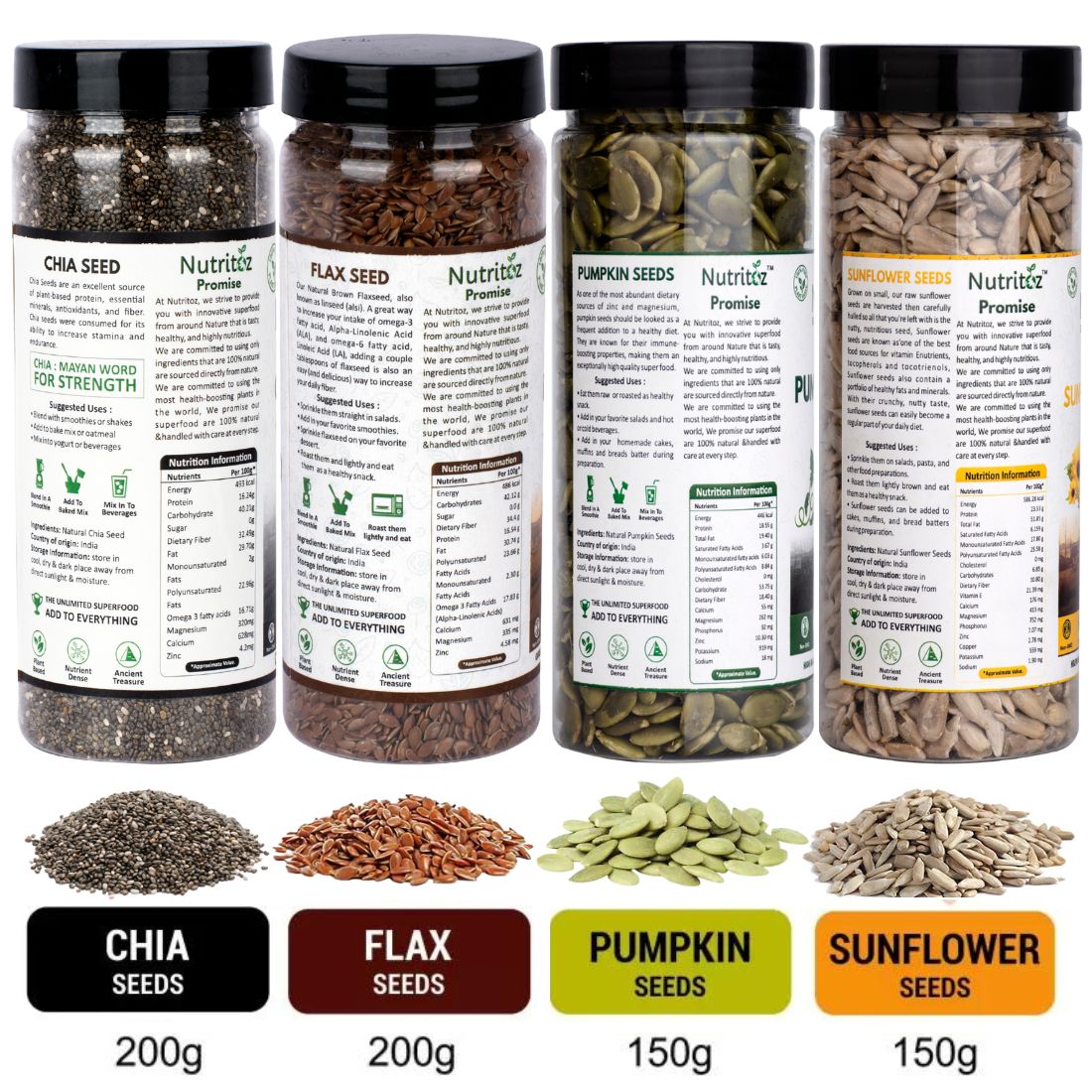 Nutritoz Natural Raw Combo Seeds Value Pack Chia Seeds, Flax Seeds, Pumpkin Seeds, Sunflower Seeds (700 g, Pack of 4)
