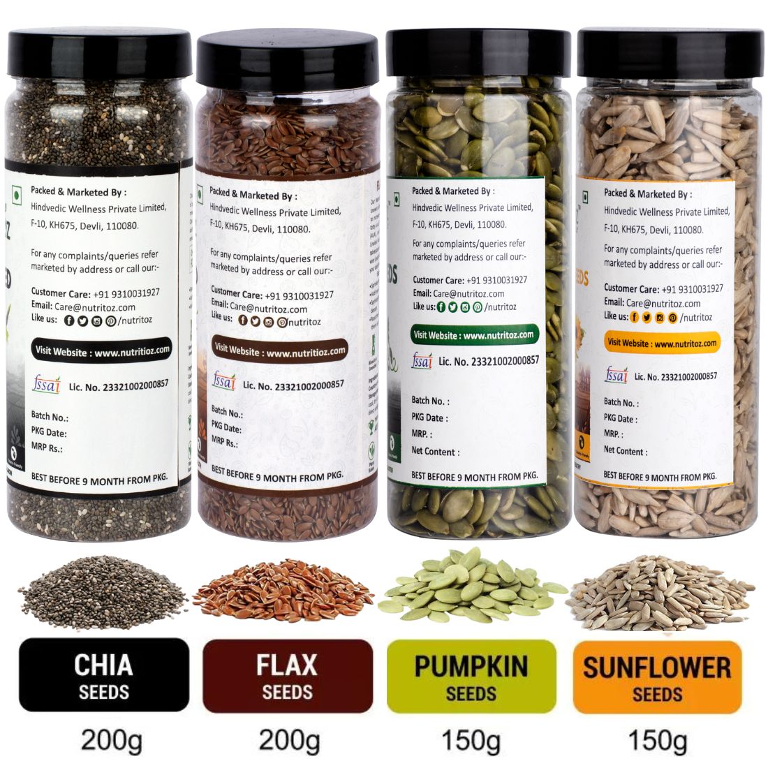 Nutritoz Natural Raw Combo Seeds Value Pack Chia Seeds, Flax Seeds, Pumpkin Seeds, Sunflower Seeds (700 g, Pack of 4)