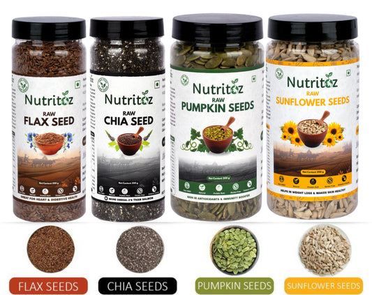 Nutritoz Raw Chia Seeds, Flax Seeds, Pumpkin Seeds, Sunflower Seeds Combo Loaded with Omega-3, Zinc, Fiber, Calcium, Protein for weight loss, Healthy Heart and Immunity seed for Eating (800 g, Pack of 4)