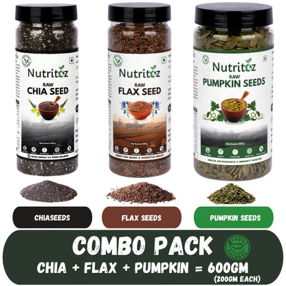 Nutritoz Natural Raw Chia Seeds, Flax Seeds, Pumpkin Seeds Combo Packs rich in Omega-3, Fiber, Minerals, Antioxidants.