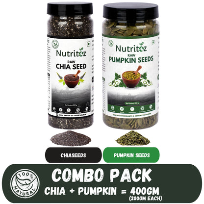 Nutritoz Raw Chia Seeds and Pumpkin Seeds Combo Loaded with Omega3, Calcium, Magnesium, Protein, Zinc, Fiber and Vitamins for Weight Loss, strong Bones, Healthy Heart, Better Sleep Quality (400 g, Pack of 2)