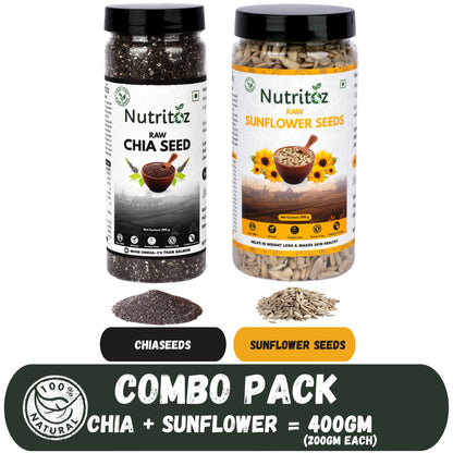 Nutritoz Raw Chia Seeds and Sunflower Seeds Combo Loaded with Omega3, Calcium, Zinc, Fiber and Vitamins for Weight Loss, strong Bones, Healthy Heart (400 g, Pack of 2)