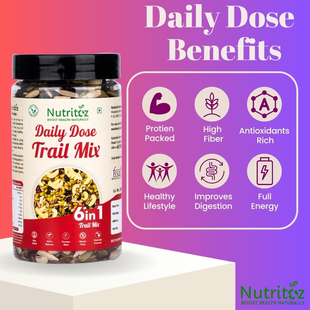 Nutritoz Premium 6 in 1 Daily Dose Trail Mix with Cashews Sunflower Pumpkin Flax Seeds Cranberries Black Raisins with Protein Fiber Omega 3