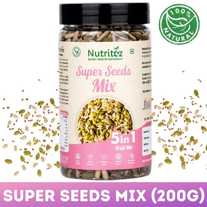 Nutritoz Premium 5 in 1 Super Seeds Mix Packed with Chia, Flax, Pumpkin, Sunflower & Watermelon Seeds| Nutrient Rich Protein, Fiber, Omega-3, Calcium, Iron and Antioxidants for Weightloss & Active Lifestyle.