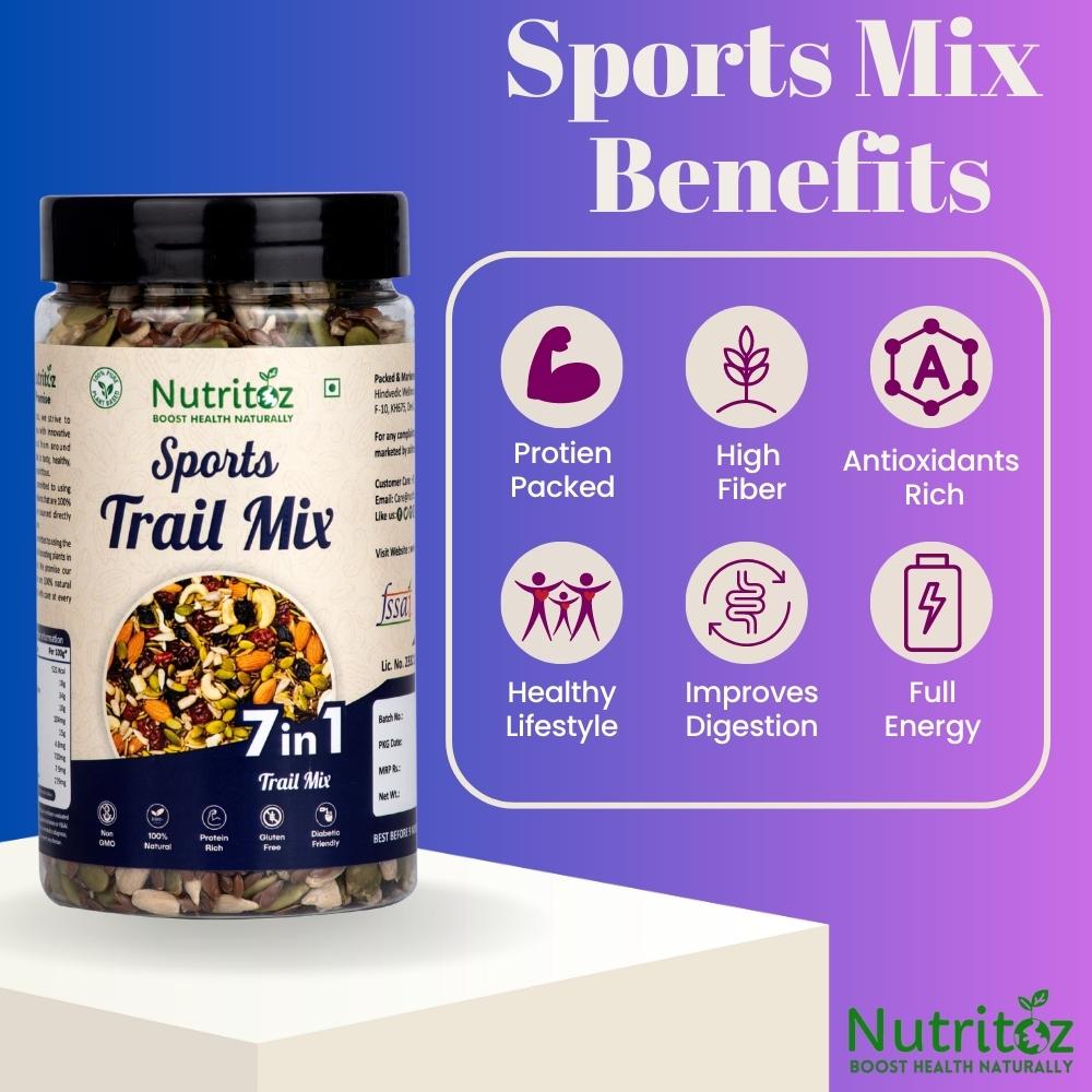 Nutritoz Premium 7 in 1 Sports Trail Mix with Almonds, Cashews, Sunflower, Pumpkin, Flax Seeds, Cranberries & Black Raisins with Protein, Fiber, Omega-3 for Energy, Weight Management & Healthy Lifestyle