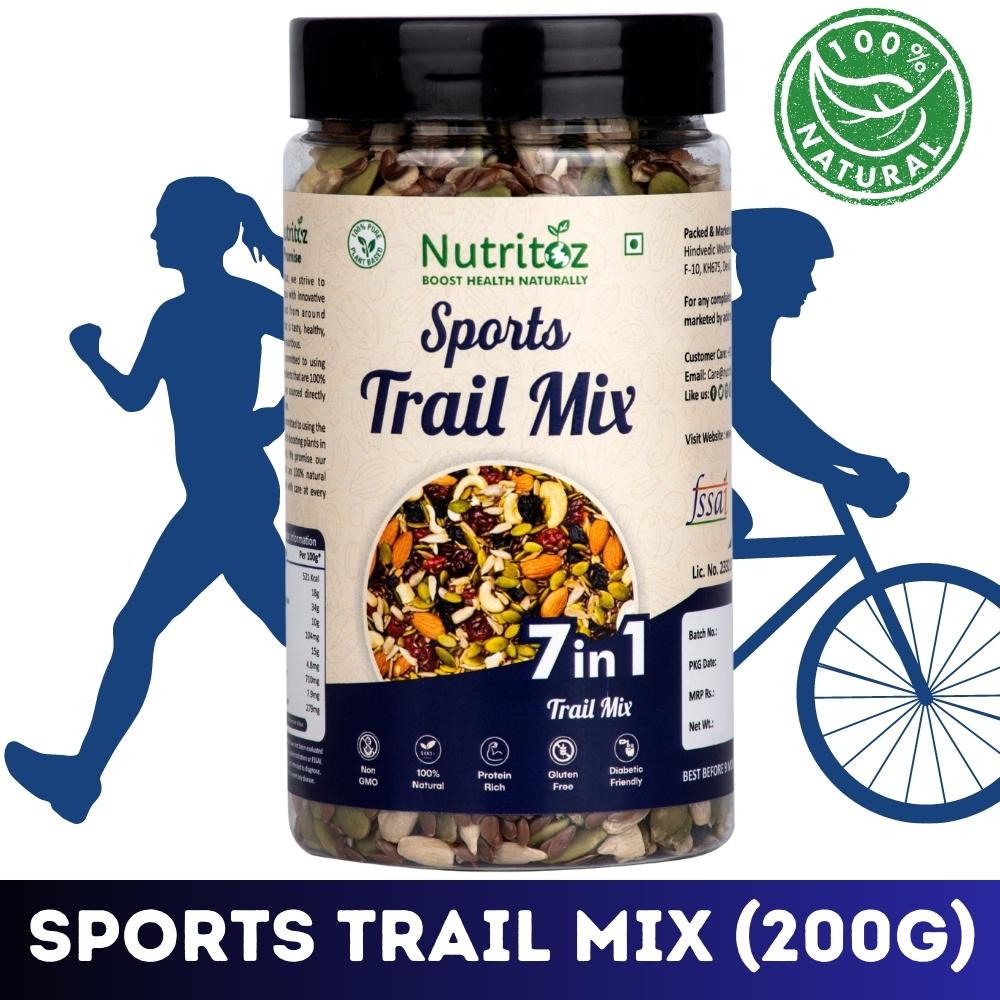 Nutritoz Premium 7 in 1 Sports Trail Mix with Almonds, Cashews, Sunflower, Pumpkin, Flax Seeds, Cranberries & Black Raisins with Protein, Fiber, Omega-3 for Energy, Weight Management & Healthy Lifestyle