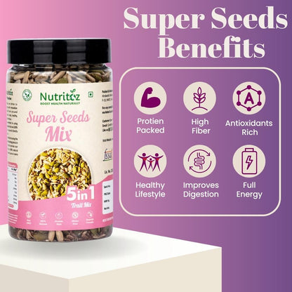 Nutritoz Premium 5 in 1 Super Seeds Mix Packed with Chia, Flax, Pumpkin, Sunflower & Watermelon Seeds| Nutrient Rich Protein, Fiber, Omega-3, Calcium, Iron and Antioxidants for Weightloss & Active Lifestyle.