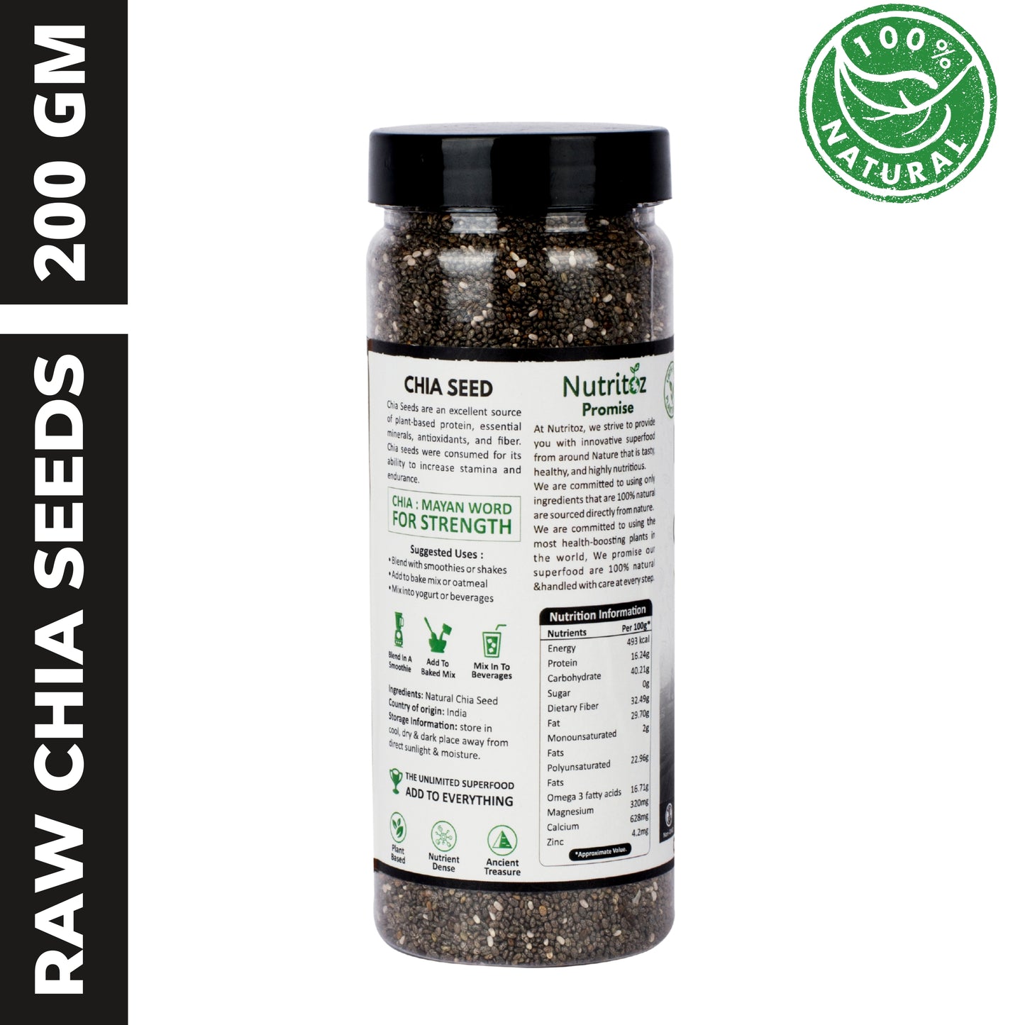 Nutritoz Natural Raw Chia Seeds For Weight Loss With Omega 3, Fiber, Calcium And Zinc